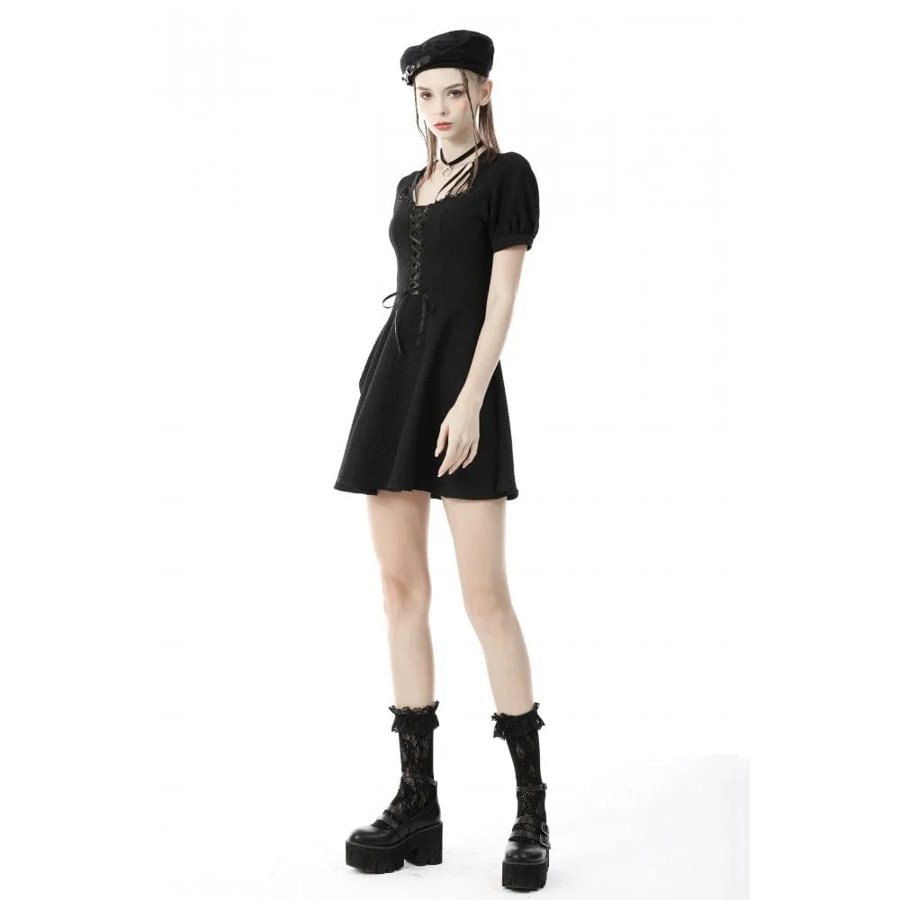 Women's Punk Square Collar Lacing-up Black Little Dress