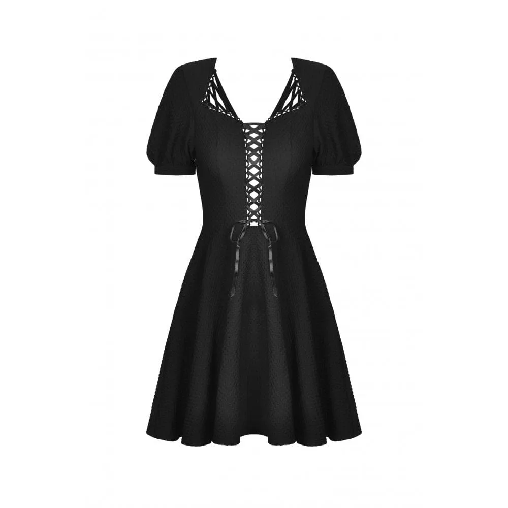 Women's Punk Square Collar Lacing-up Black Little Dress