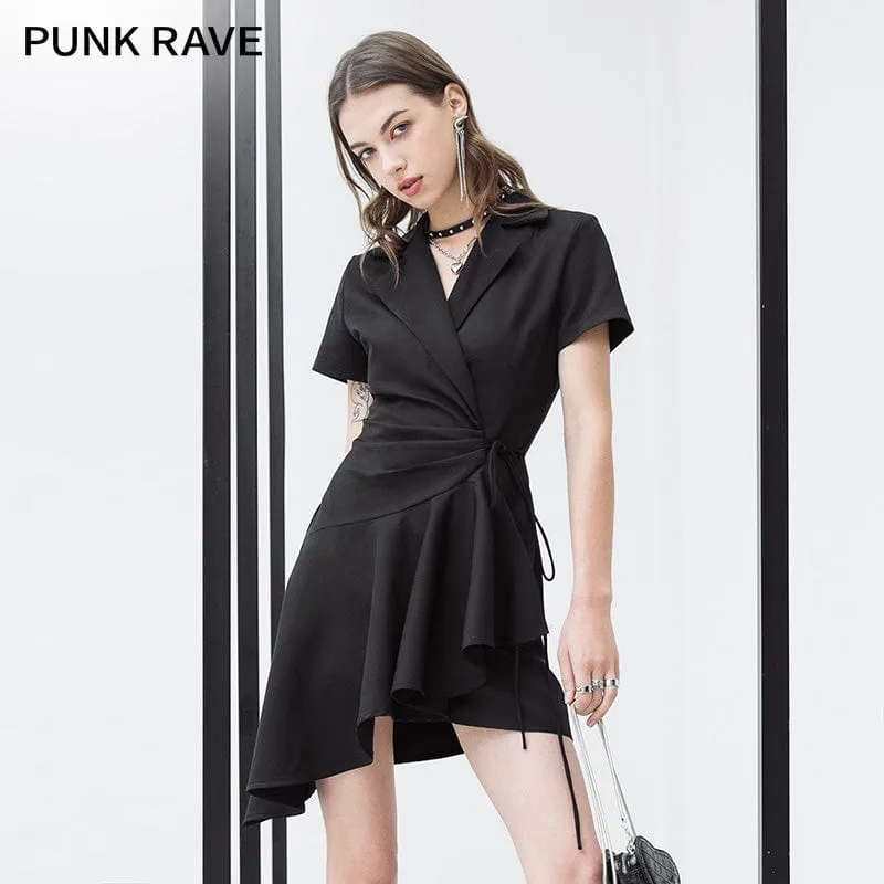 Women's Punk V-neck Lacing-up Black Little Dress