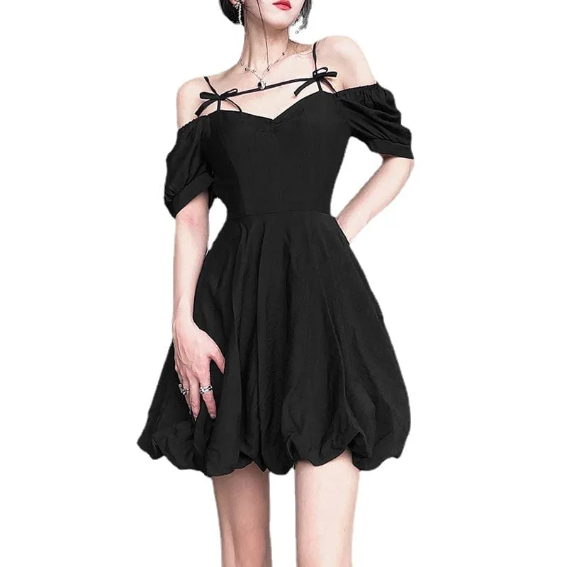 Women's Vintage Bowknot Off Shoulder Black Little Dress