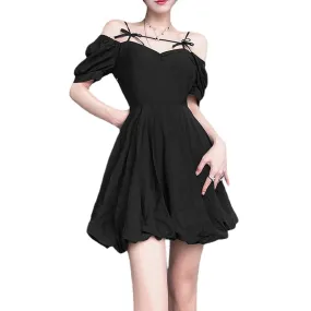 Women's Vintage Bowknot Off Shoulder Black Little Dress