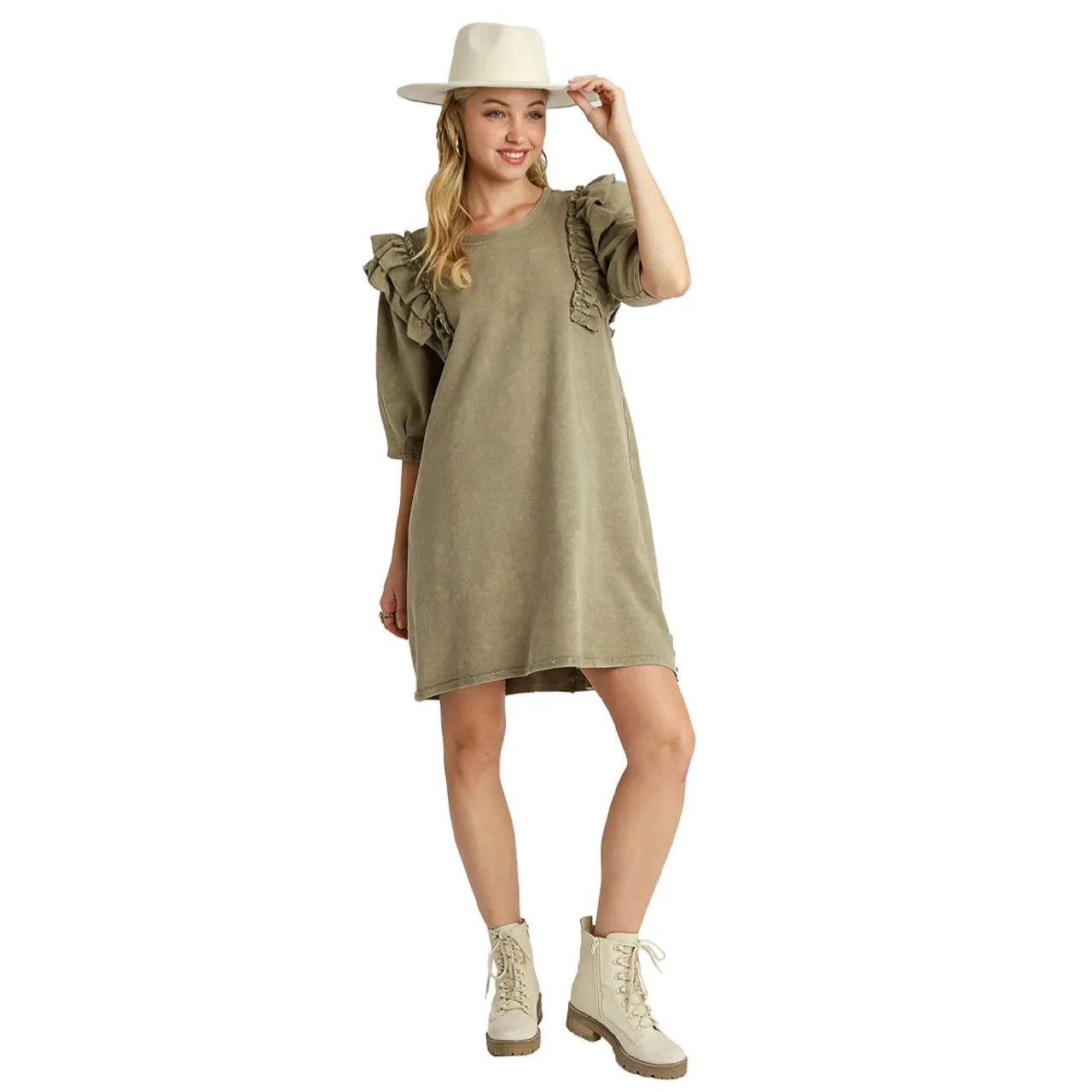 Women's Umgee Crew Neck French Terry Mini Dress - Light Olive