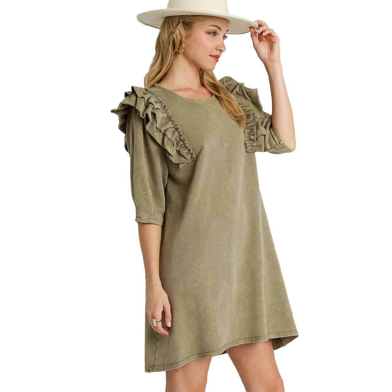 Women's Umgee Crew Neck French Terry Mini Dress - Light Olive